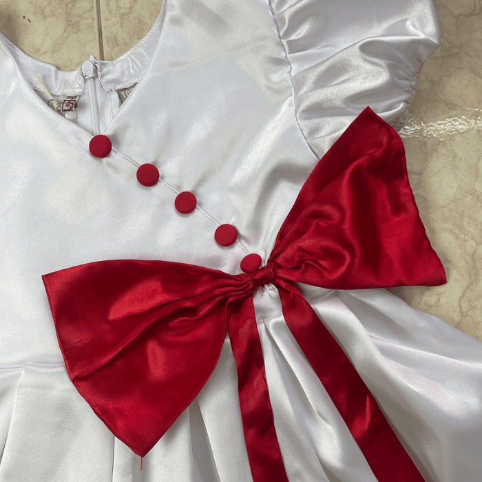 WHITE SATIN FRONT RED BOW - Keedlee - girls dresses - Bangladesh