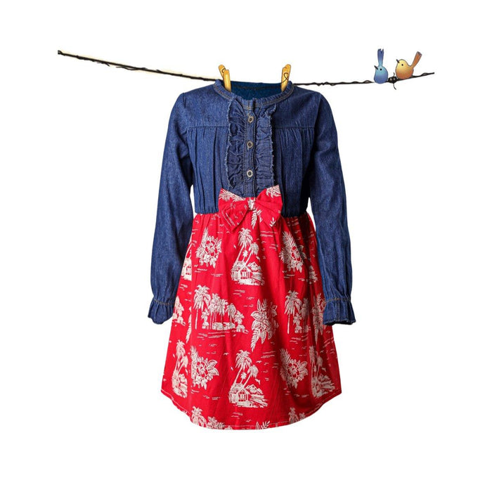Denim Girls Frock Red - Keedlee - GIRLS FASHION - Bangladesh