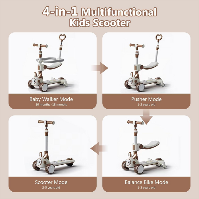 Premium 4-in-1 Convertible Bunny Kids Scooter with Lights