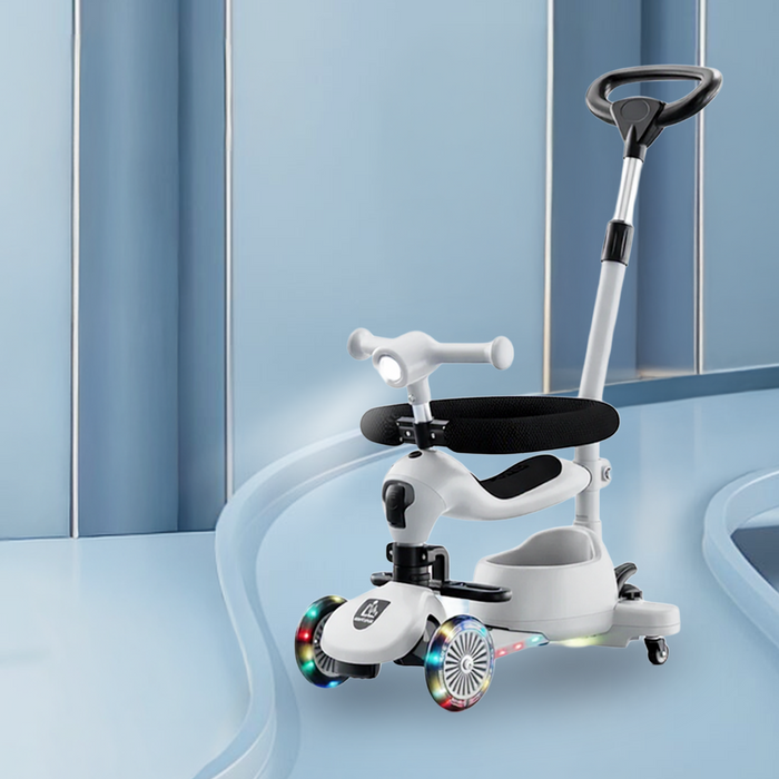 3-in-1 Kids’ Ride-On Scooter with Push Handle – White Edition