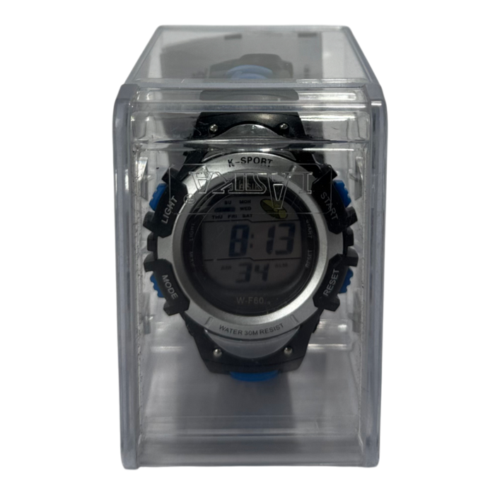 Digital watch with black and blue accents in a clear display box on a white background