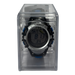 Digital watch with black and blue accents in a clear display box on a white background